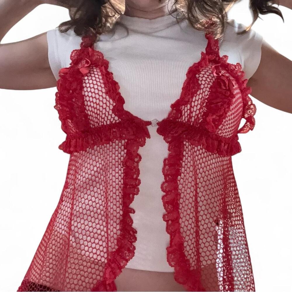 VTG Y2K 90s Risqué Red Lace Fishnet Whimsigoth Dark Coquette Baby Doll Fits M